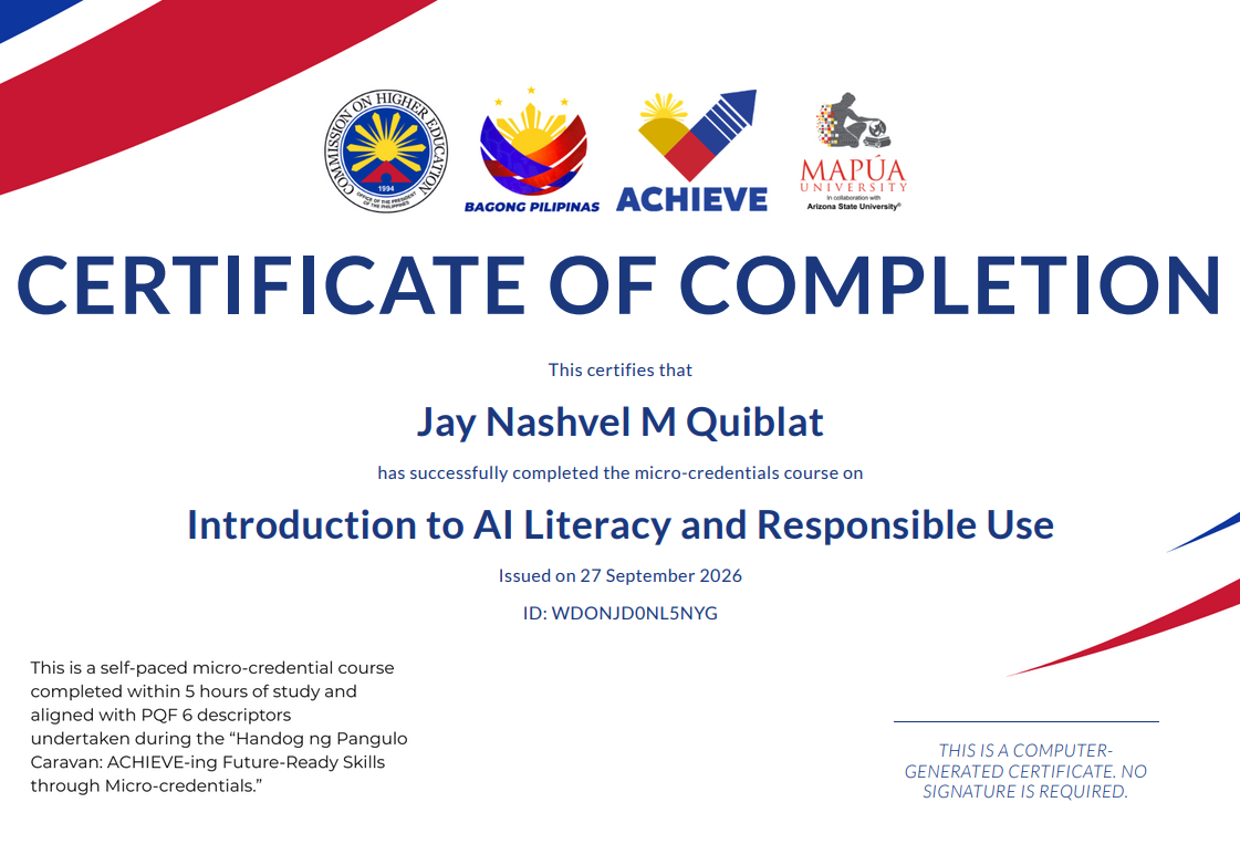 Certificate of Completion awarded to Jay Nashvel M Quiblat for Introduction to AI Literacy and Responsible Use