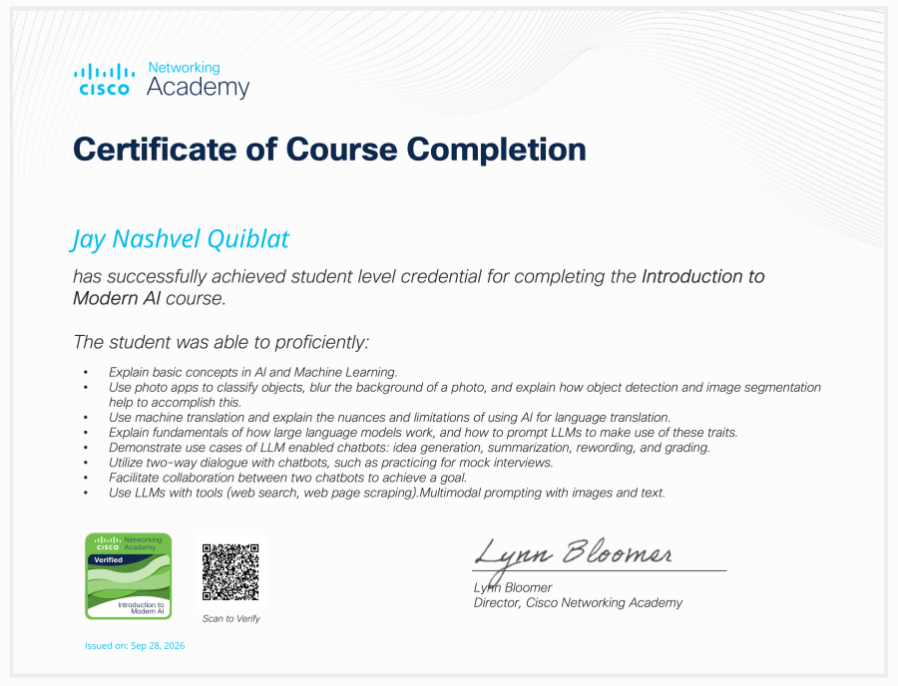 Certificate of Course Completion awarded to Jay Nashvel Quiblat for Introduction to Modern AI